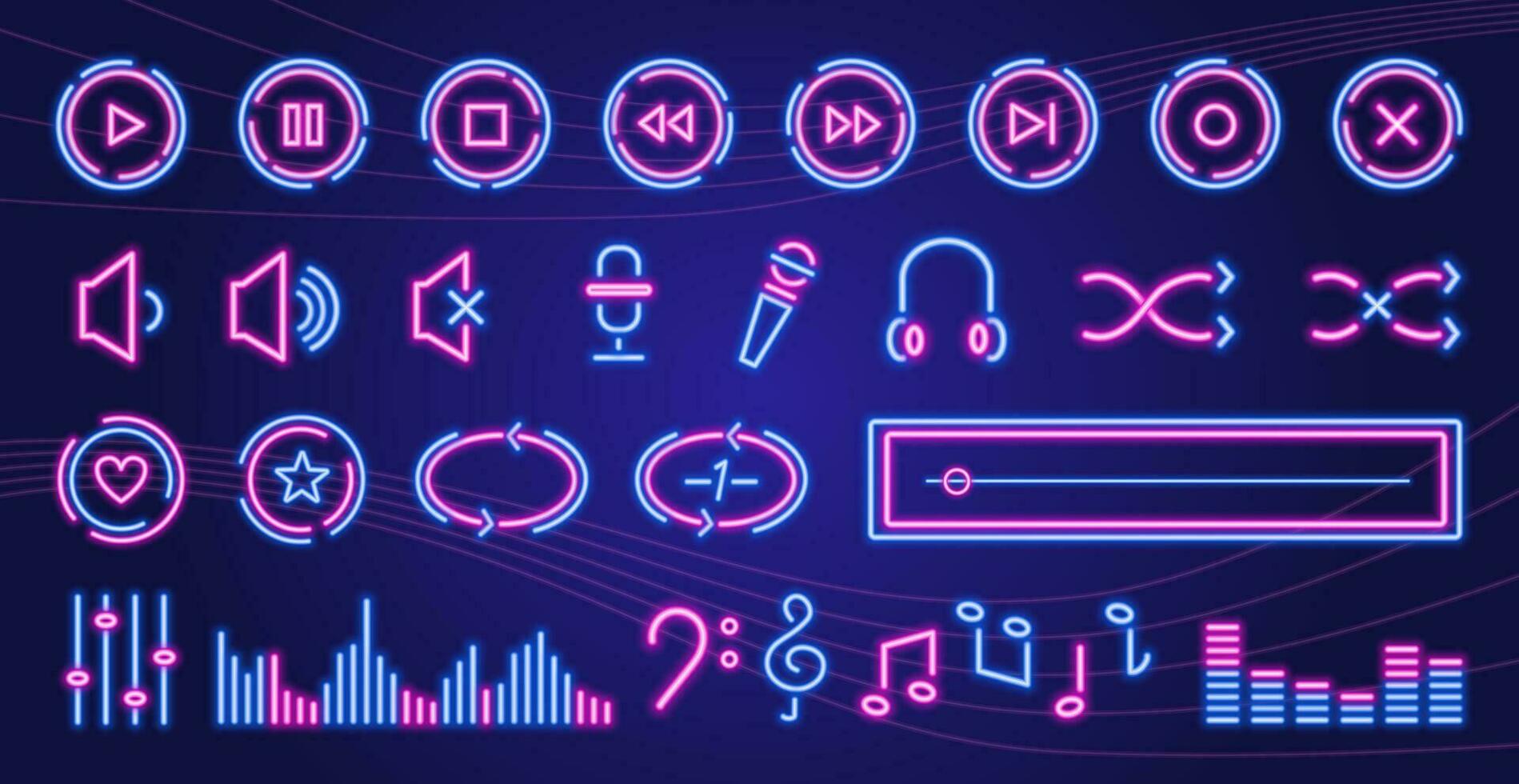 Neon glowing music icons, audio, sound, records, music players and music keys signs and symbols, user interface digital design elements and buttons. Vector illustration.