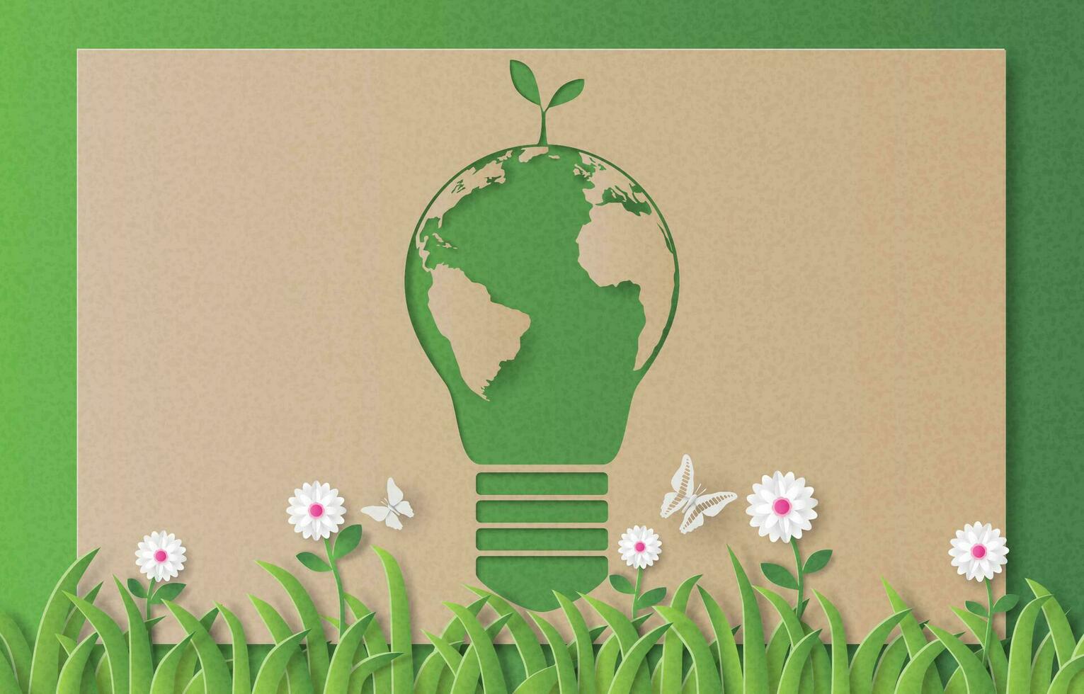 Paper art style of light bulb with world map inside and plant over light bulb, eco friendly, save the planet and environment conservation concept. vector