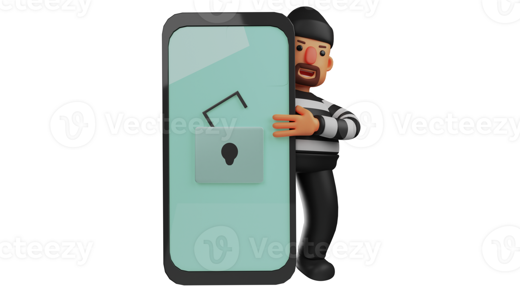 3D illustration. Villain 3D Cartoon Character. Villain holding a giant cell phone. Thief shows locked phone display. Thief is trying to unlock the phone so he can track the data. 3D cartoon character png