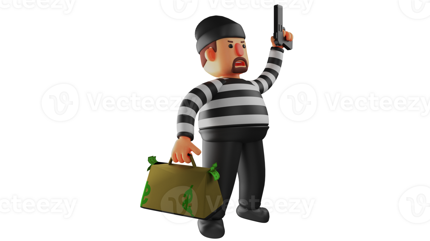 3D illustration. Big Thief 3D Cartoon Character. The thief ran away carrying a bag full of money. The thief made off with the stolen money while carrying a gun. 3D cartoon character png