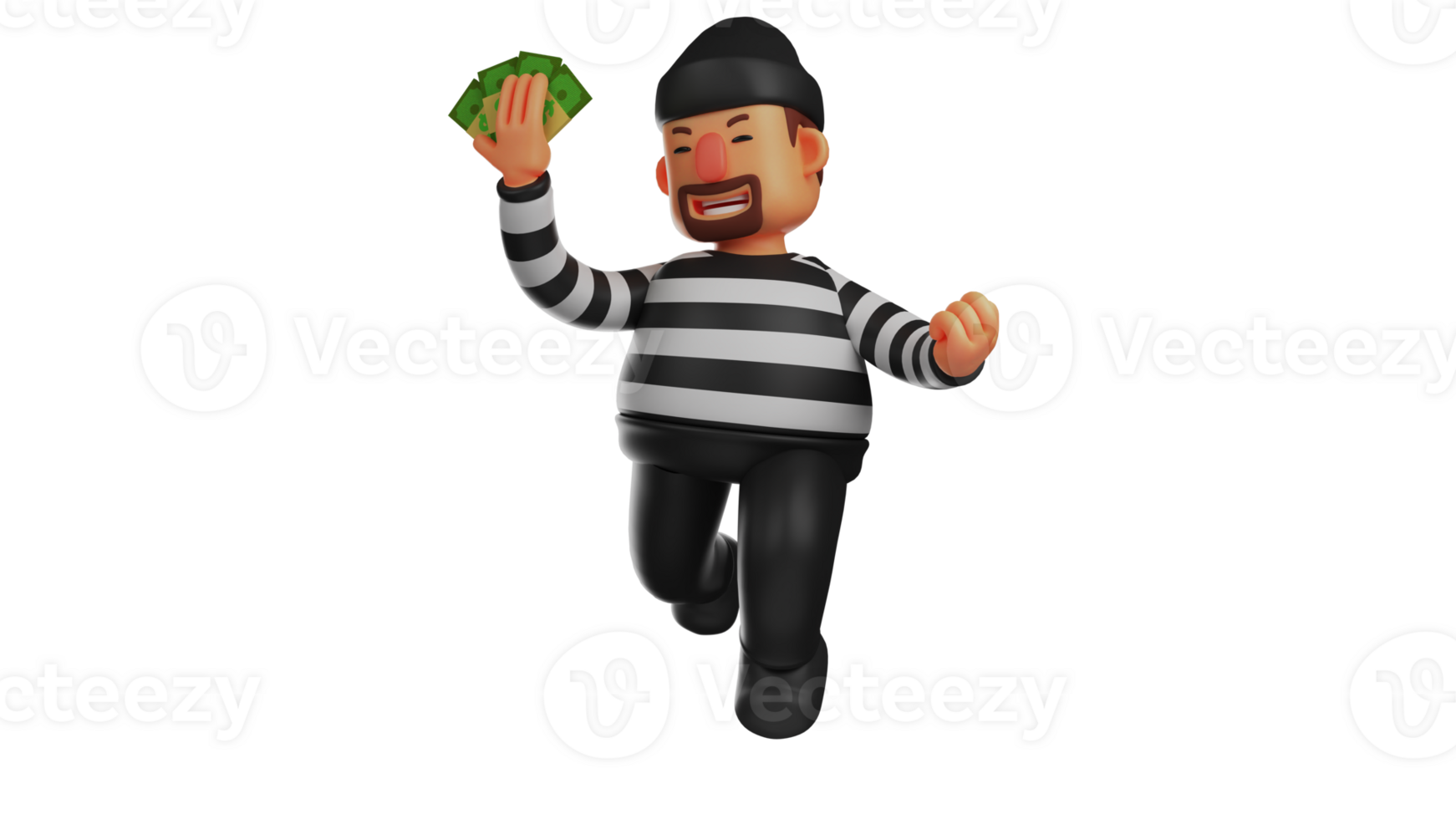 3D illustration. Vibrant Villain 3D Cartoon Character. The thief clenched his fists and smiled happily. The thief is happy because he managed to steal a lot of money. 3D cartoon character png
