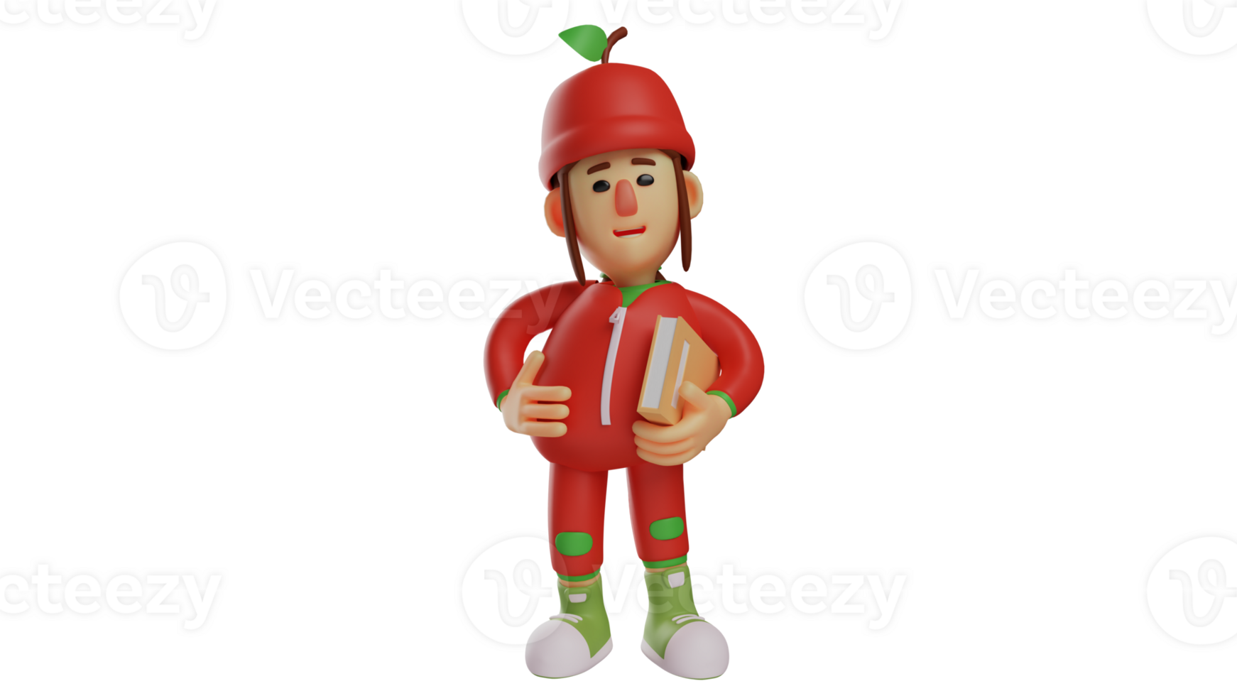 3D illustration. Little Girl 3D Cartoon Character. Fruit girl standing while carrying a book. Student is ready to learn. Smart fruit girl ready to learn new things. 3D cartoon character png