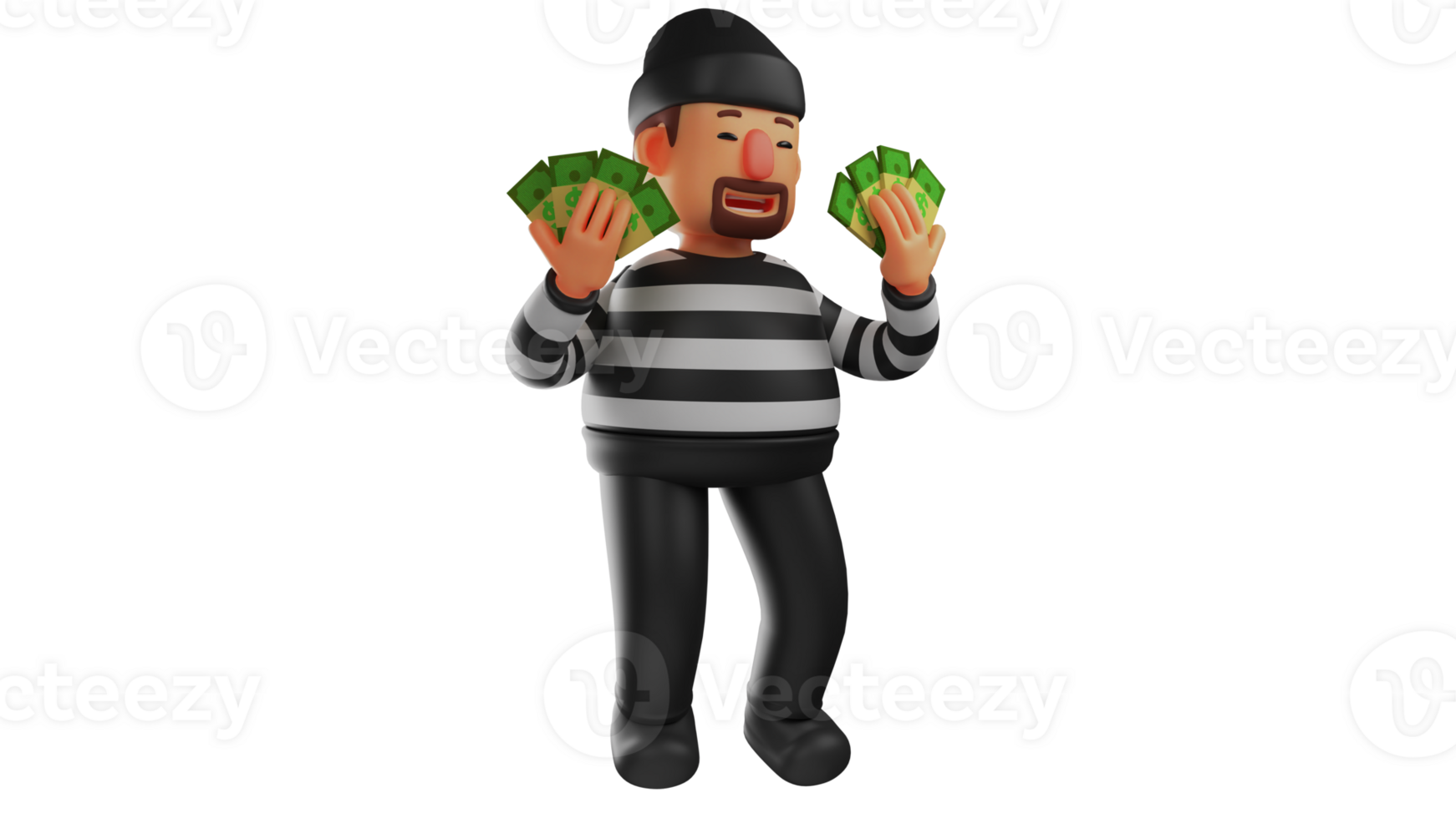 3D illustration. Villain 3D Cartoon Character. Criminals who commit theft somewhere. The thief holds a collection of money in both hands. The thief smiled sweetly. 3D cartoon character png