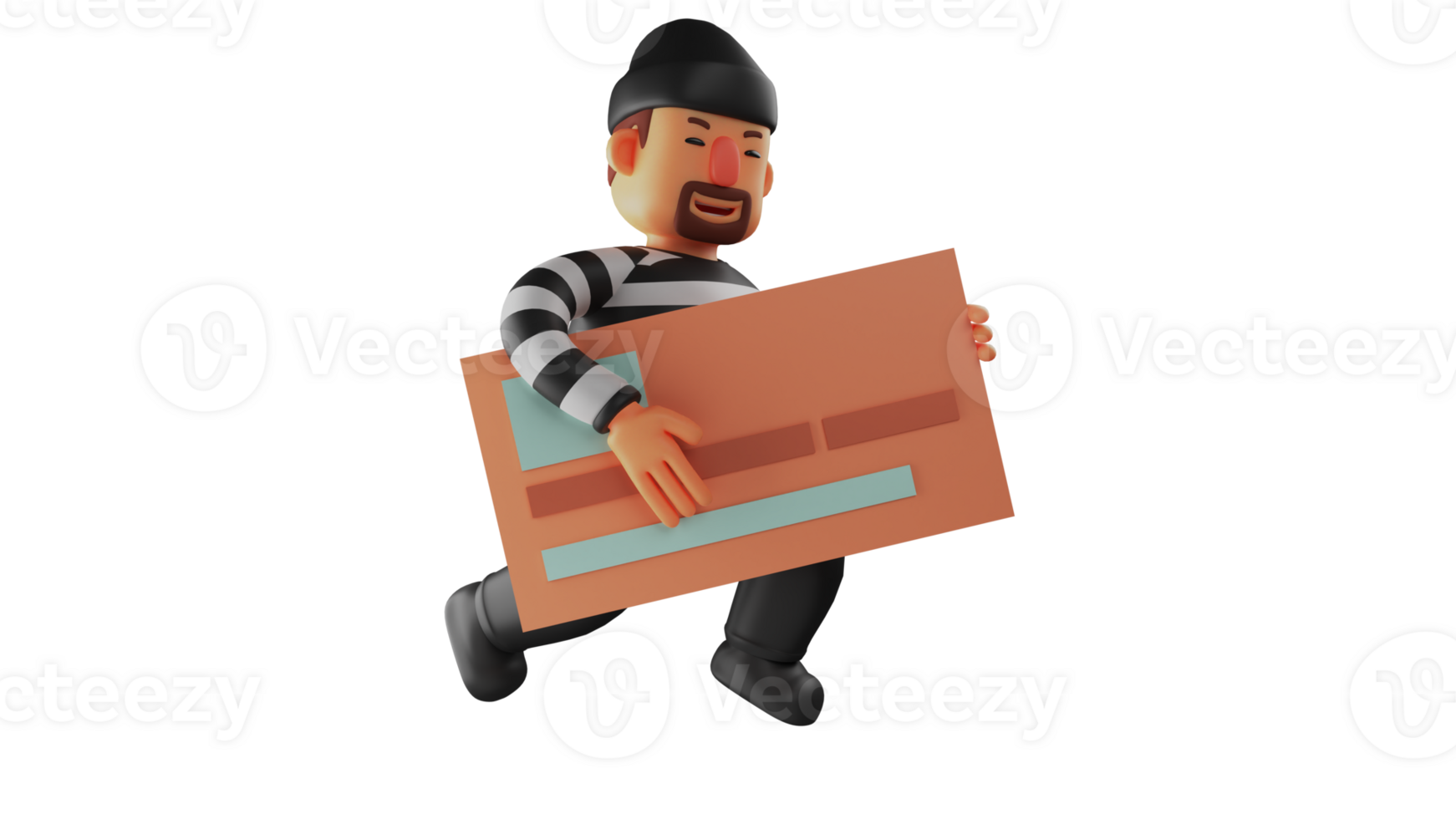 3D illustration. Dexterous Thief 3D Cartoon Character. The thief managed to get an important card. The thief ran carrying the giant wallet he had stolen. 3D cartoon character png