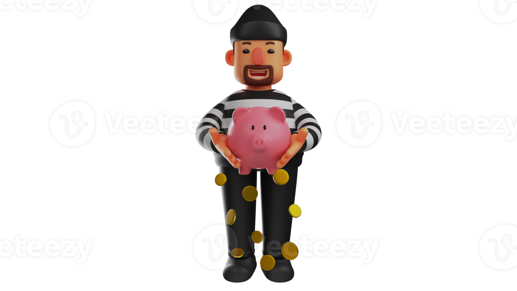 3D illustration. Good Thief 3D Cartoon Character. A thief who has a good heart and likes to save. The thief stands while holding the piggy bank with both hands. 3D cartoon character png