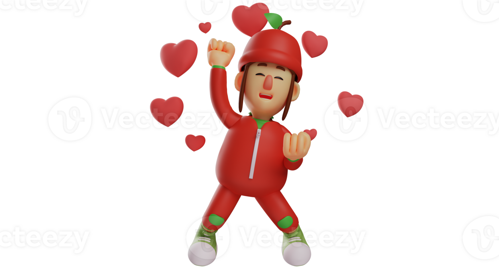3D illustration. Fruit Girl 3D Cartoon Character. The fruit girl is very excited. The excited girl clenched her fists and showed a happy expression. Student wears a fruit costume. 3D cartoon character png