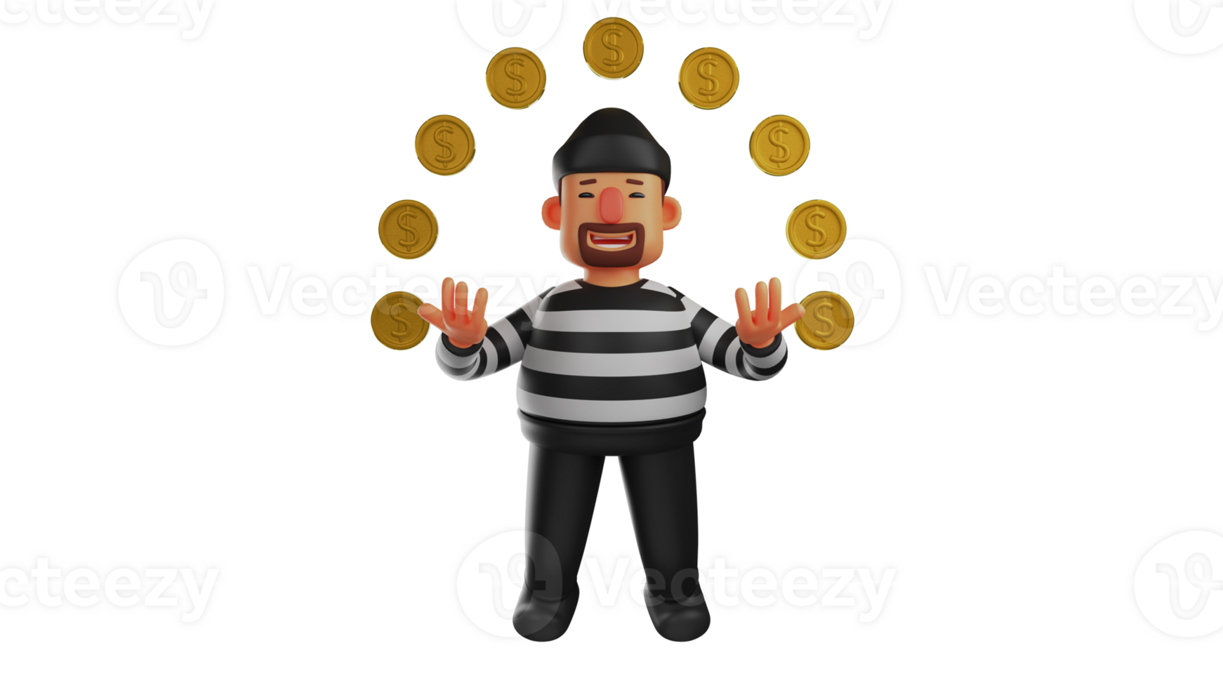 3D illustration. Thief 3D Cartoon Character. The thief raised both hands. Thief surrounded by gold coins. The thief smiled. Thief in black and white clothes. Hardened criminal. 3D cartoon character png