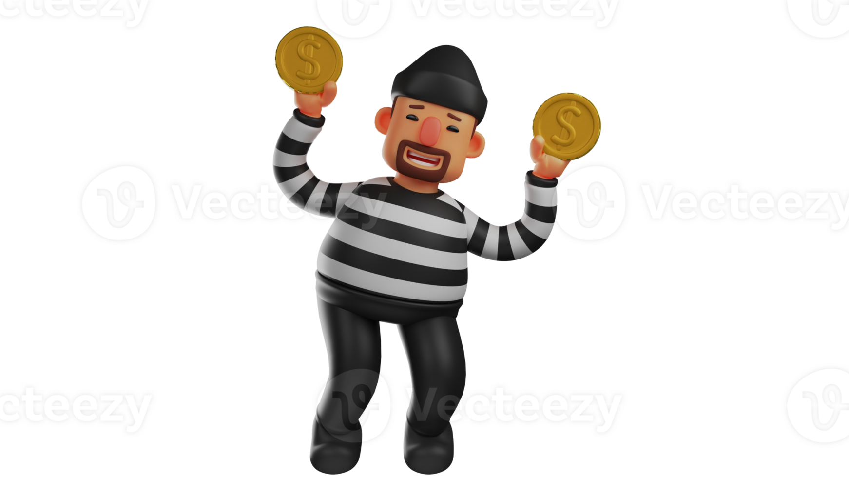3D illustration. Sweet Thief 3D Cartoon Character. The thief raised the two gold coins he was holding. Happy smiling thief. The criminals succeeded in carrying out their actions. 3D cartoon character png