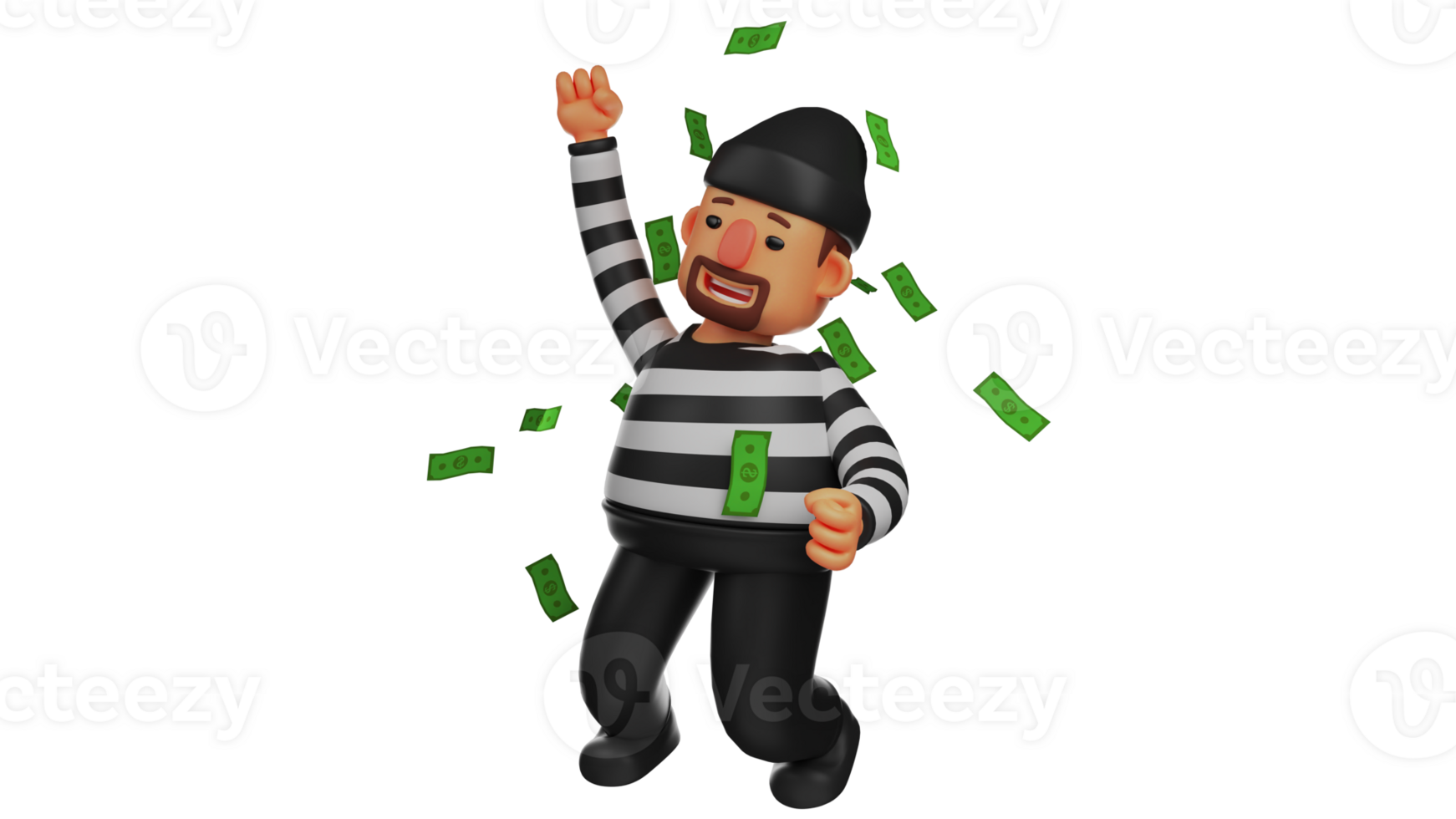 3D illustration. Happy Villain 3D Cartoon Character. Thieves dance under flying money. A laughing thief celebrates his success in committing a crime. 3D cartoon character png