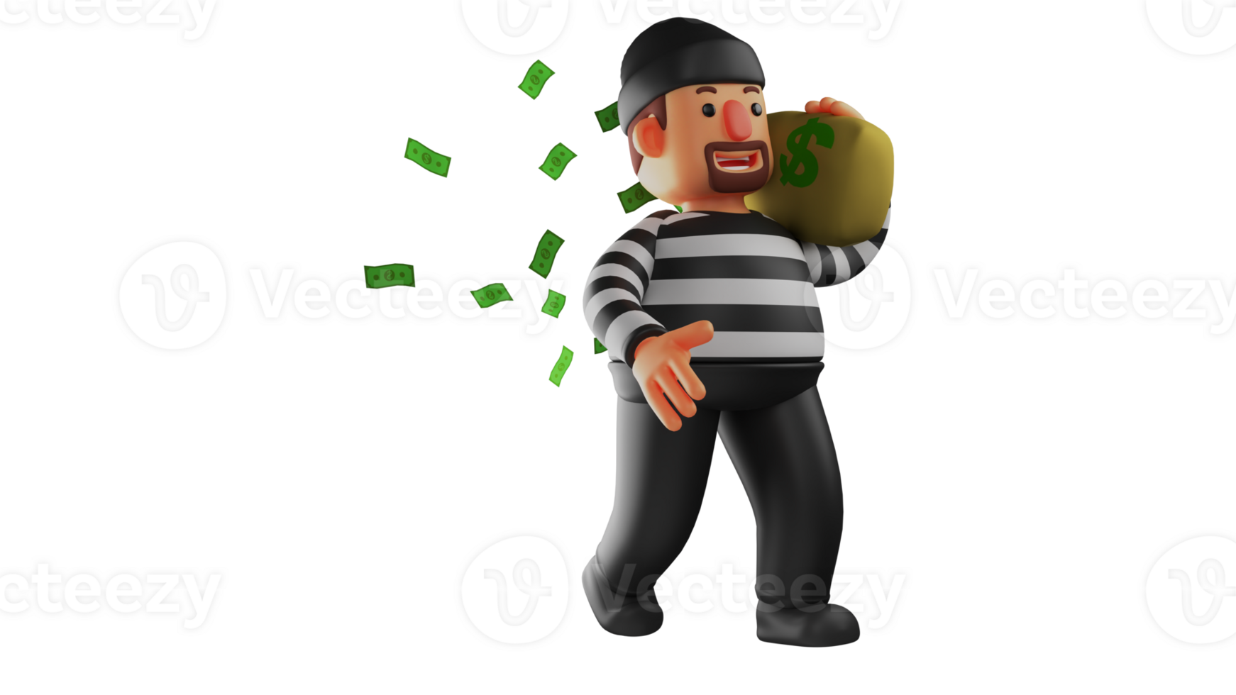 3D illustration. Handsome Thief 3D Cartoon Character. Cool thief who carries a bag full of money on his shoulder. Thief walks while smiling, indicating that his heart is happy. 3D cartoon character png
