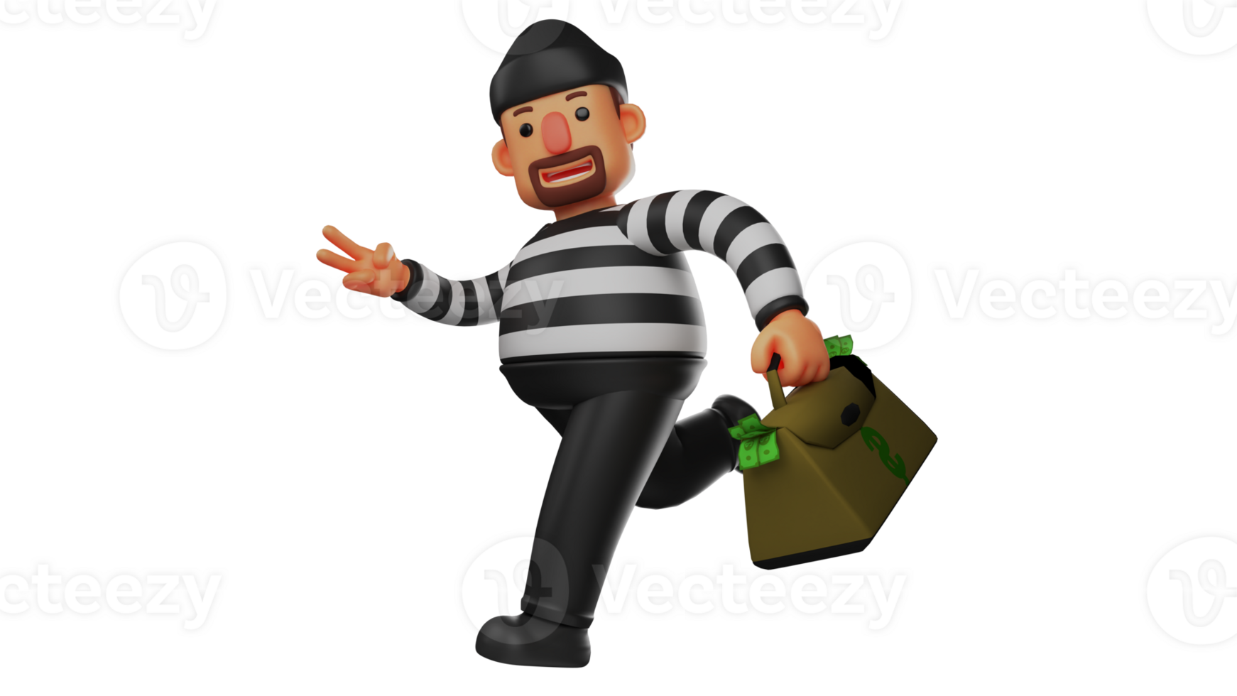 3D illustration. Cheerful Thief 3D Cartoon Character. The thief ran away carrying a bag full of stolen money. The thief ran while showing peace and smiling happily. 3D cartoon character png