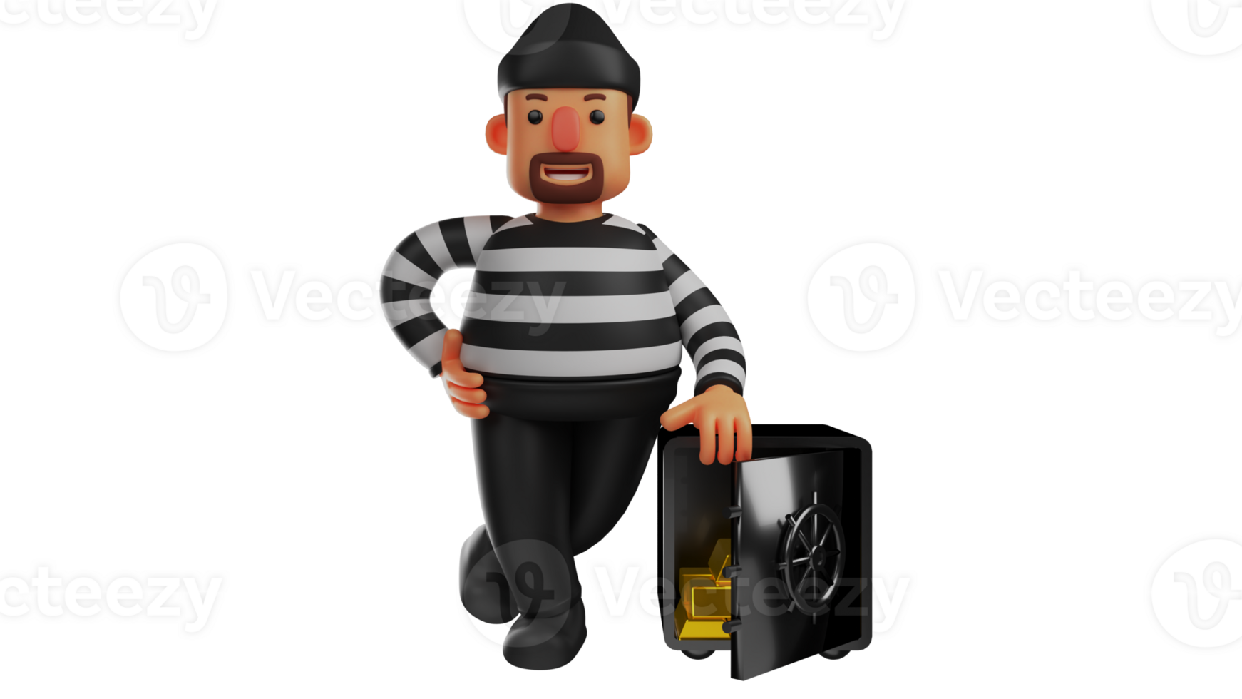 3D illustration. Arrogant Thief 3D Cartoon Character. The thief stood crossing his legs and showed a haughty smile. The thief stands next to the gold safe he stole. 3D cartoon character png