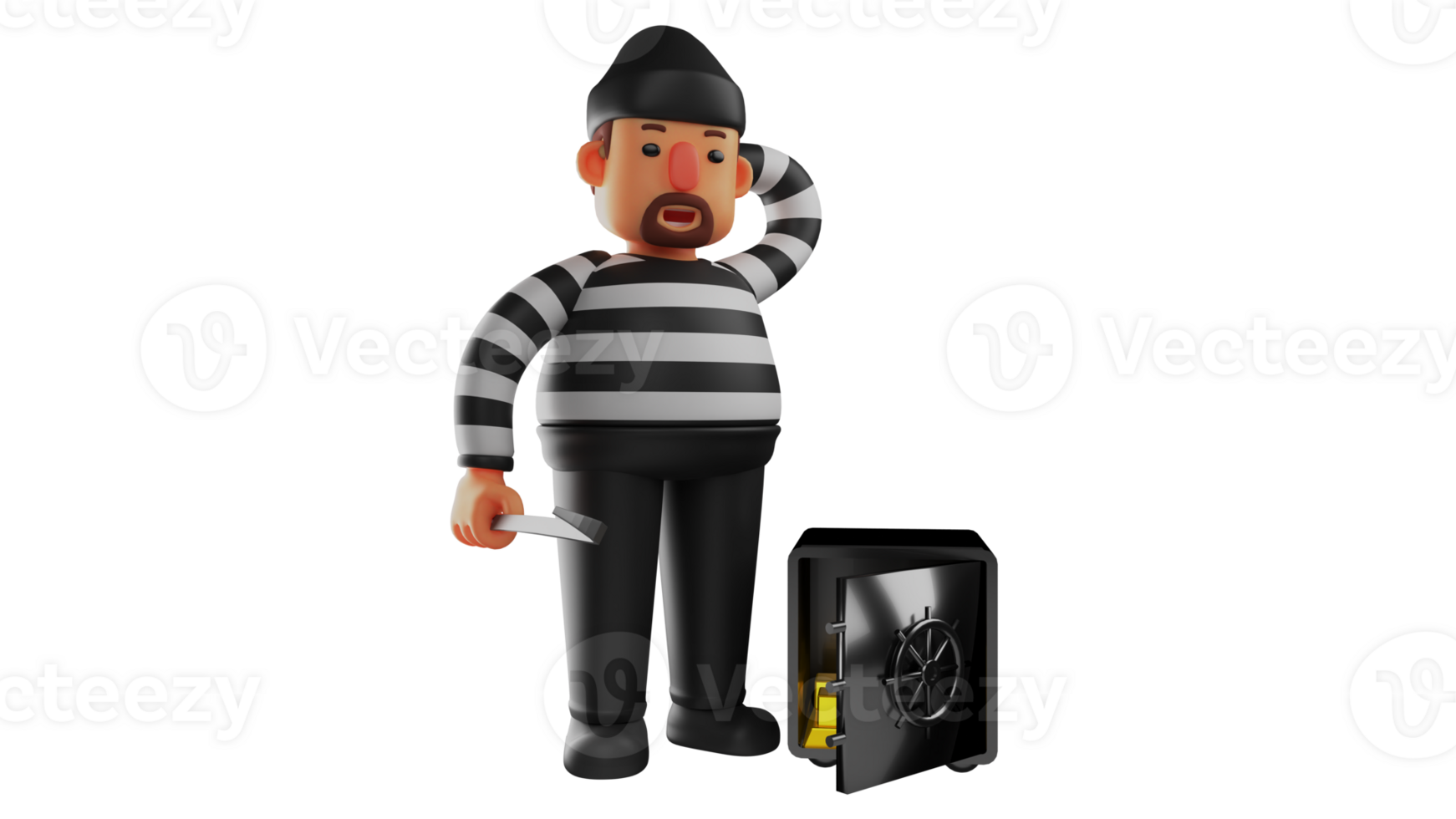 3D illustration. Calm Thief 3D Cartoon Character. The thief managed to open a safe. The thief showed a relieved expression because he managed to open the gold safe using a knife. 3D cartoon character png