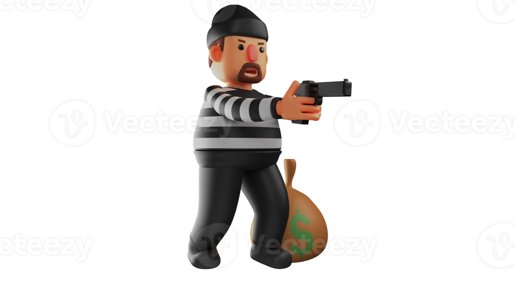 3D illustration. Scary Thief 3D Cartoon Character. The thief pointed his gun at someone who was trying to catch him. The thief will leave with a sack of money. 3D cartoon character png