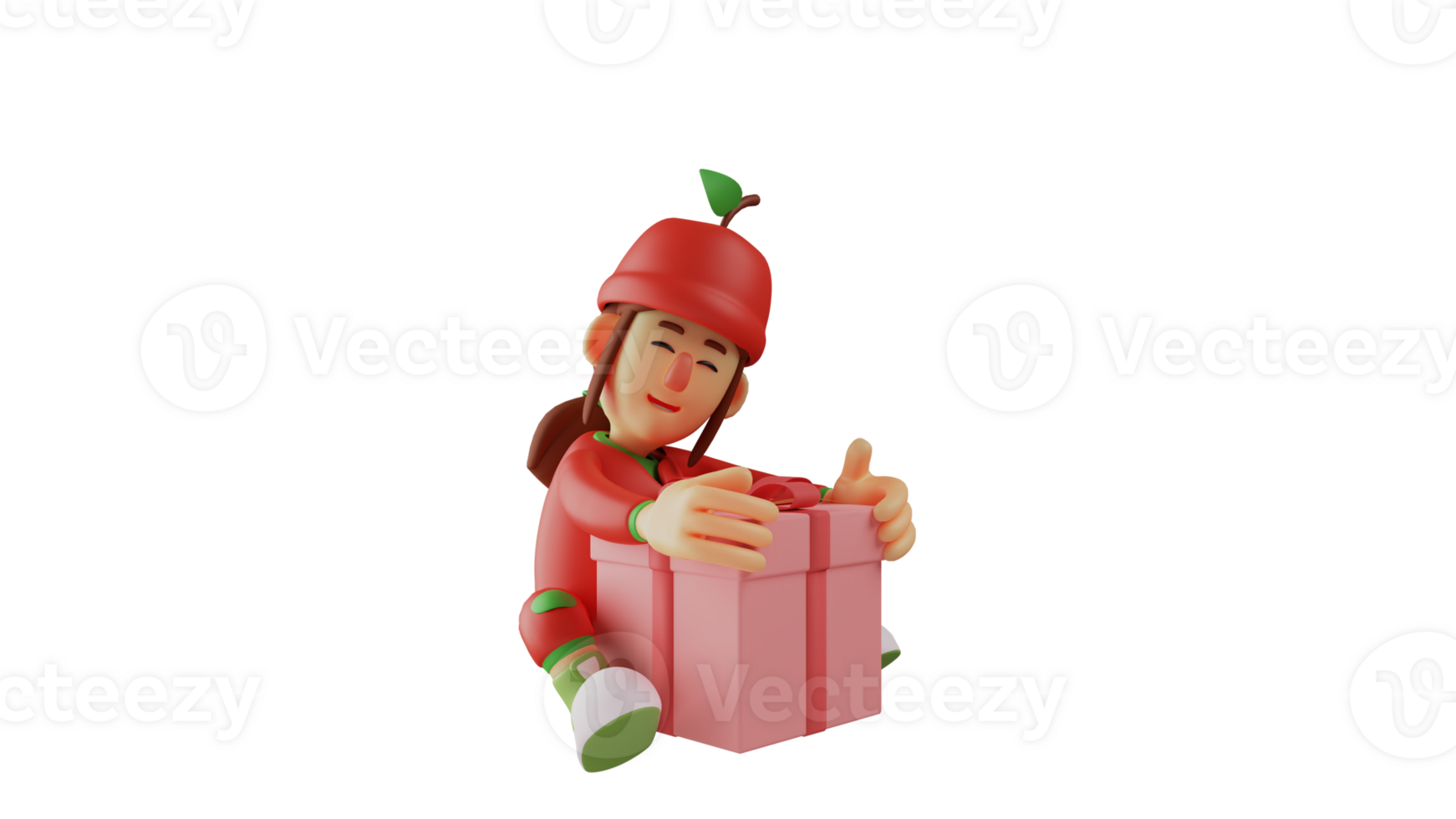 3D illustration. Strawberry Fruit Girl 3D Cartoon Character. Fruit girl sitting while hugging a gift box. Fruit girl smiles sweetly and shows a happy expression. 3D cartoon character png