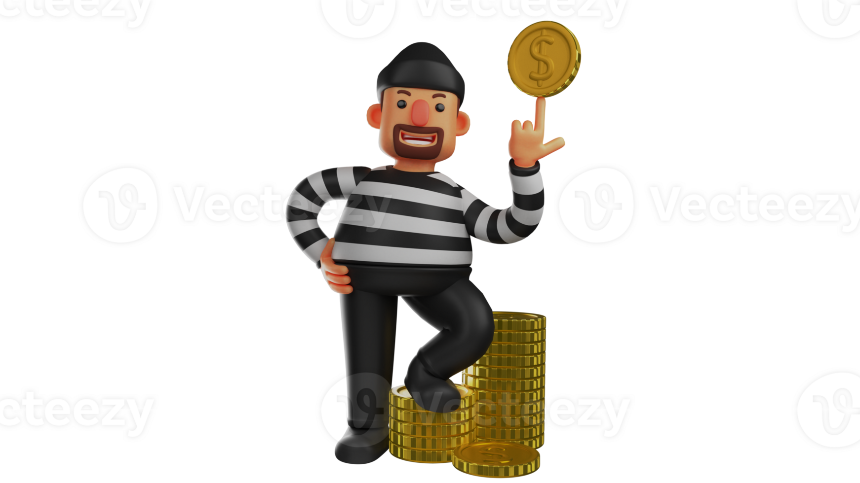 3D illustration. Great Villain 3D Cartoon Character. Thief standing next to gold coins pile. Thief played with one gold coin with one finger. 3D cartoon character png