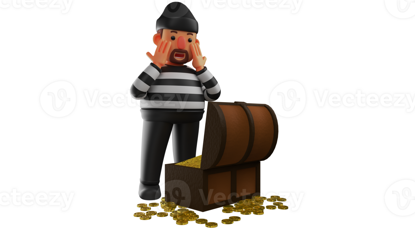 3D illustration. Shocked Thief 3D Cartoon Character. Thieves managed to find treasure. A thief stood in front of an open treasure and showed a surprised expression. 3D cartoon character png