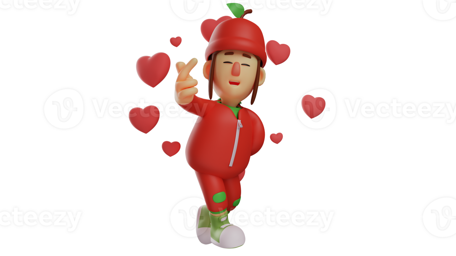3D illustration. Romantic Fruit Girl 3D Cartoon Character. Fruit girl shows the symbol of love using her finger. Girl in fruit costume surrounded by love symbols. 3D cartoon character png
