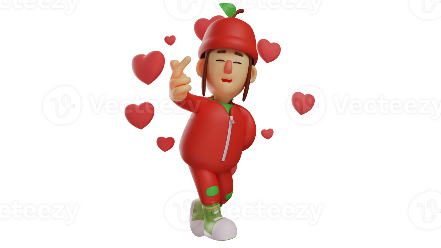 3d Illustration. romantisch Obst Mädchen 3d Karikatur Charakter. Obst Mädchen zeigt an das Symbol von Liebe mit ihr Finger. Mädchen im Obst Kostüm umgeben durch Liebe Symbole. 3d Karikatur Charakter png