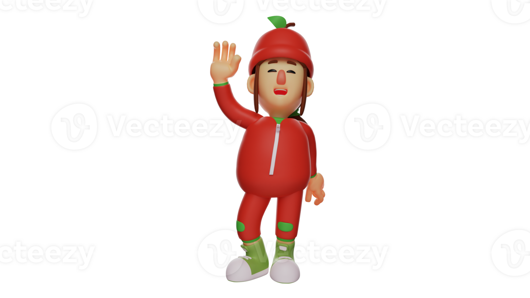 3D illustration. Friendly Girl 3D Cartoon Character. Little girl wearing a red fruit costume. The fruit girl who waves her hand while showing her sweet smile. 3D cartoon character png