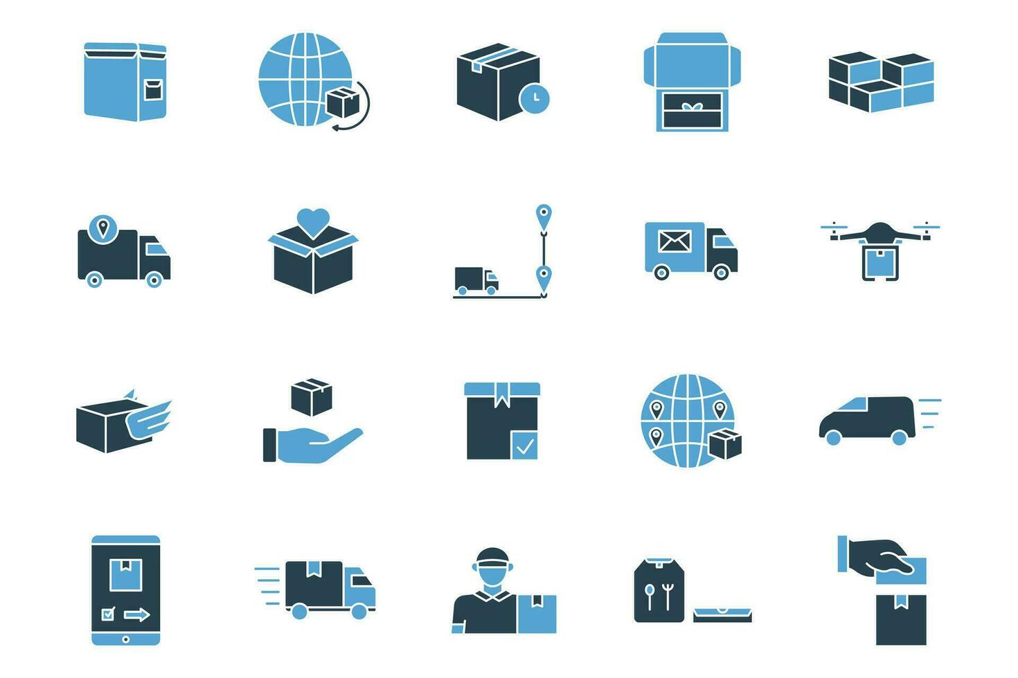 delivery icon set. delivery, bag, international, shipping, unboxing, package, stack, packages, tracking, progress, etc. solid icon style. simple vector design editable