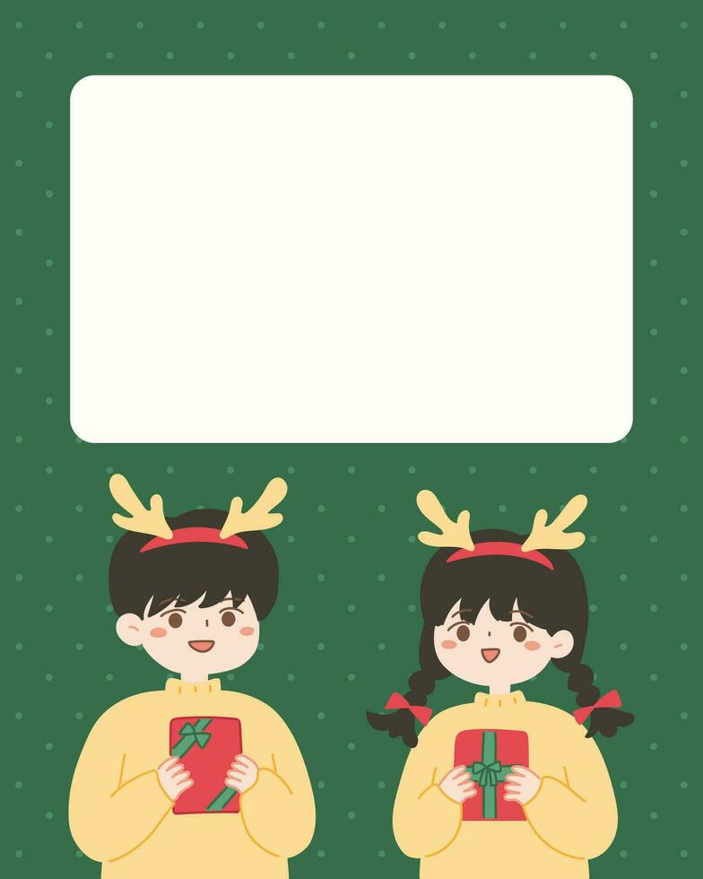 christmas frame boy and girl with Reindeer Antlers hold the gift vector