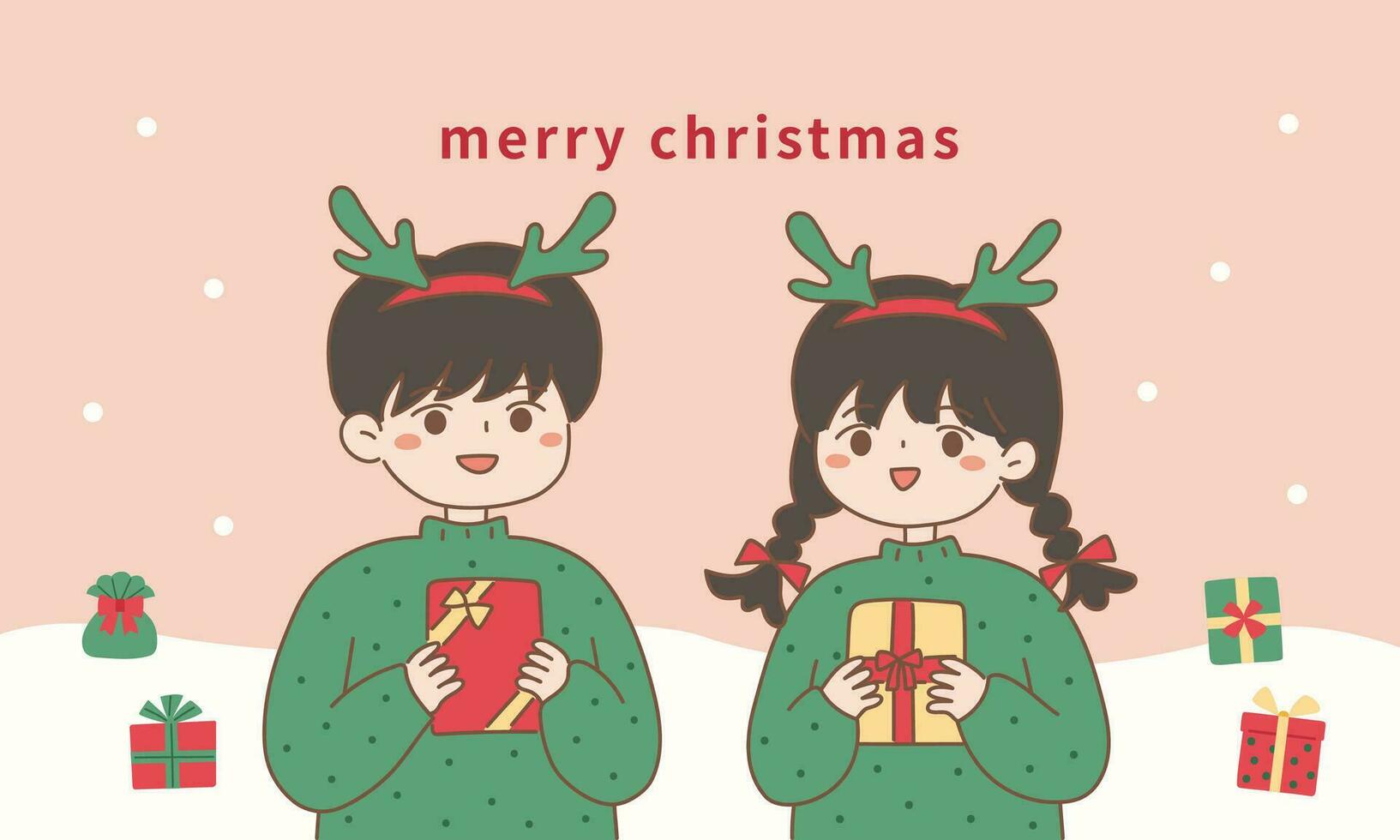 Navidad bandera chico y niña con reno cornamenta sostener el regalo vector