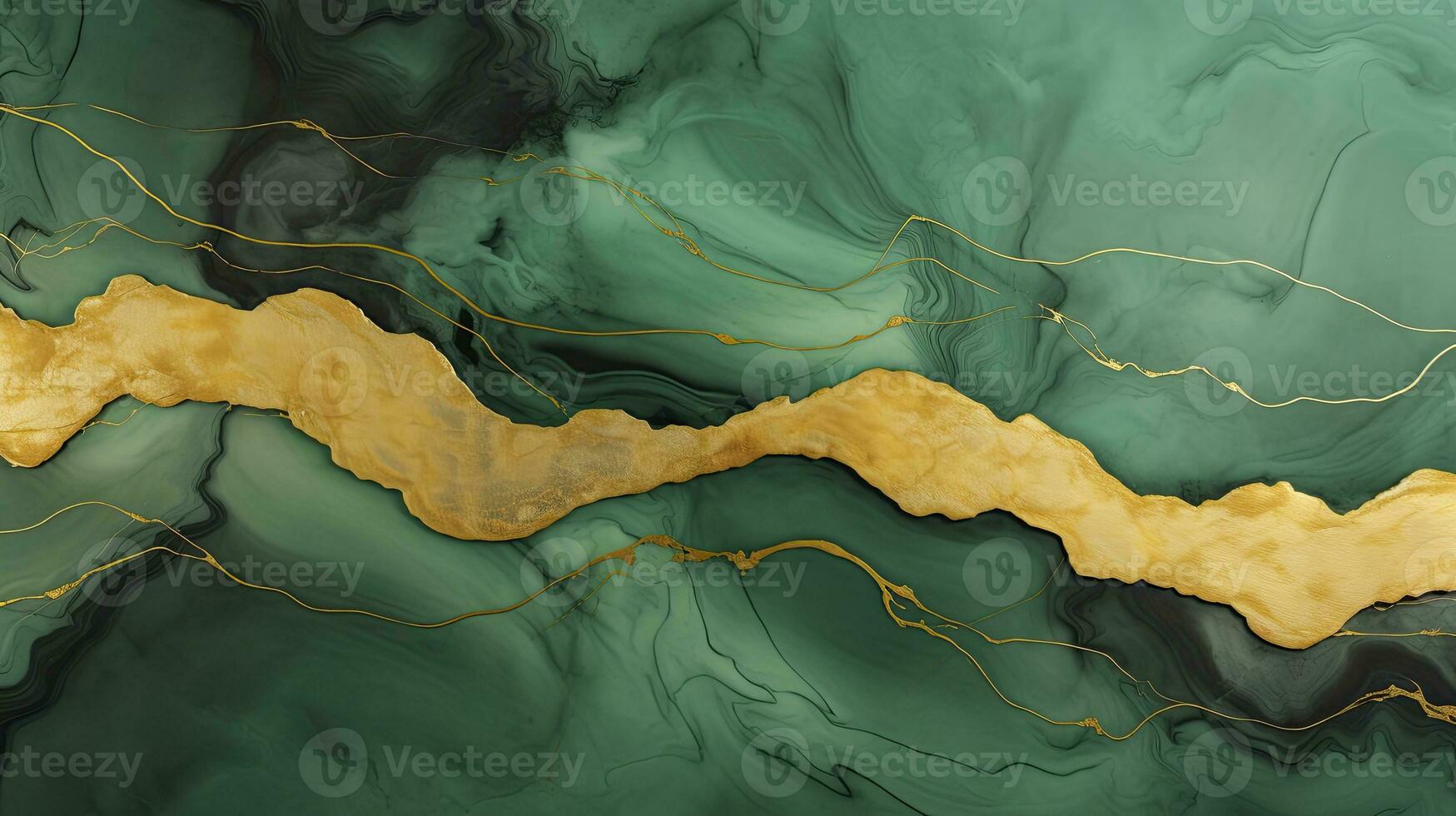 Green and Gold Painted Leaf Pattern with Naturalistic Landscape Flair and Flowing Lines. AI Generated photo