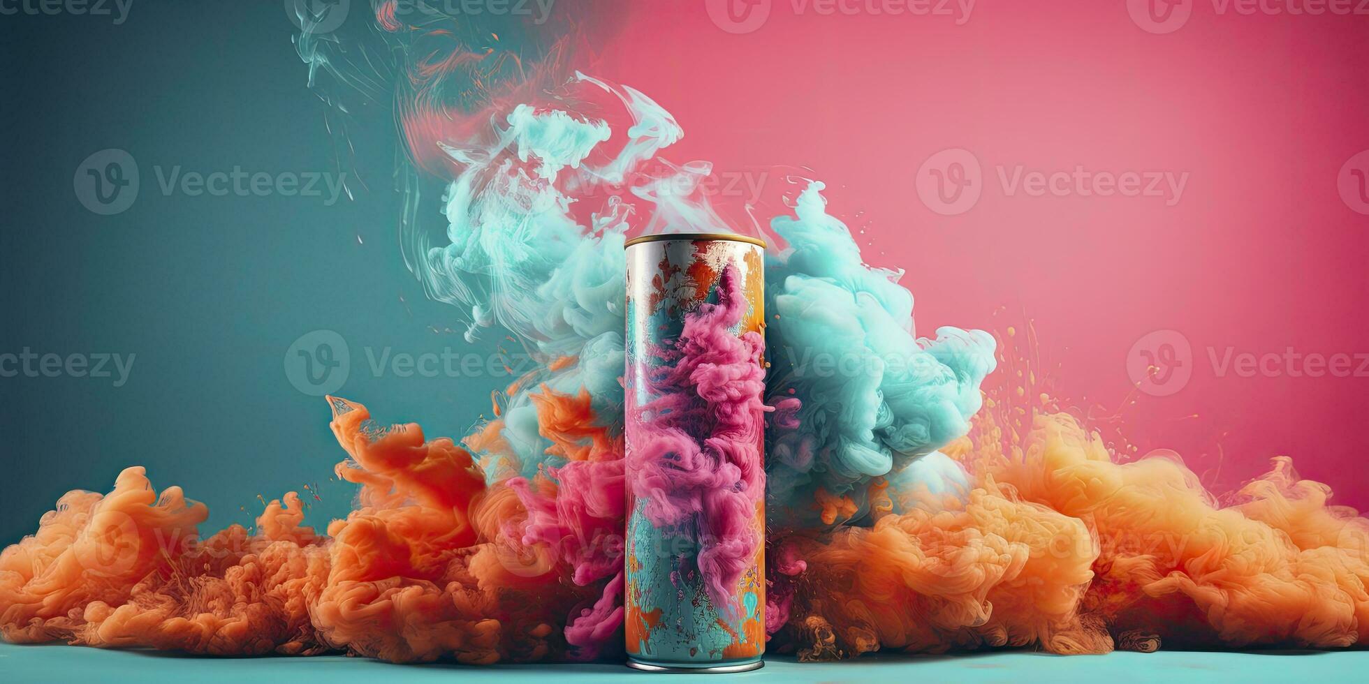 Pink Aerosol Can Releasing a Cloud of Light Orange and Teal Powders. AI Generated photo