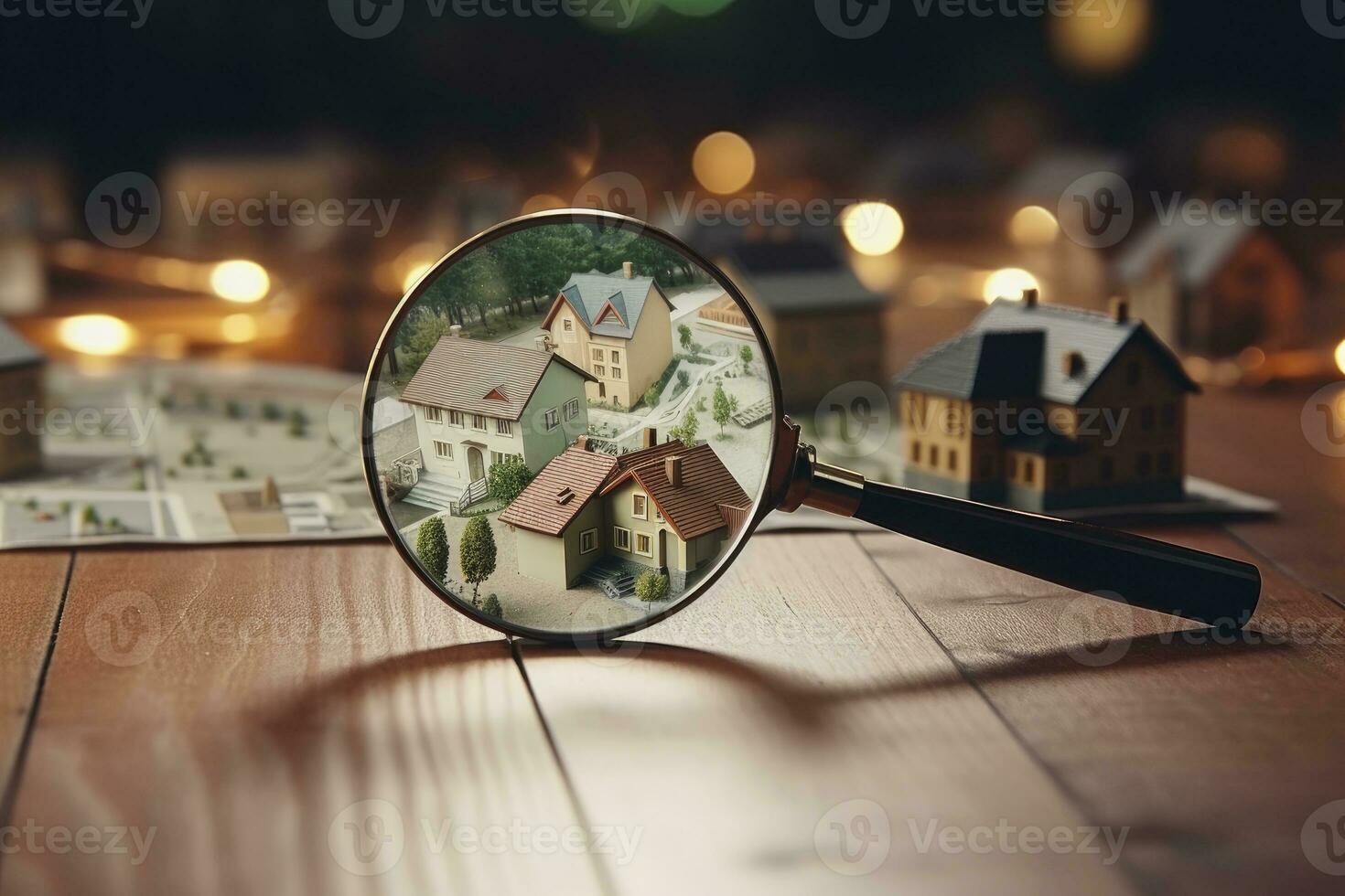 Houses Displayed on a Table with a Magnifying Glass. AI Generated photo
