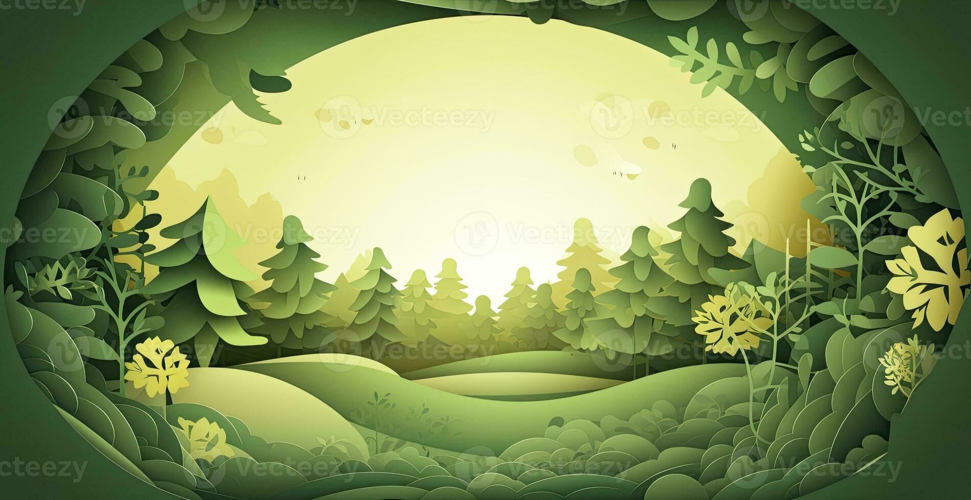 Paper Cut Forest Background with Trees and Sunlight in Shades of Green. AI Generated photo