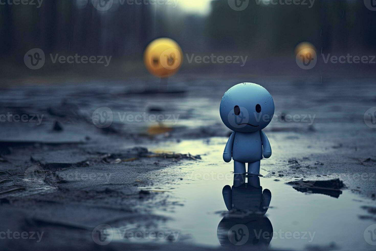 Blue toy and alone a Sad Emotion on a Rainy Day with a Natural Background. AI Generated photo