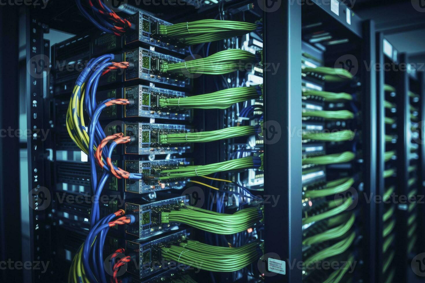 Server Rack is Outfitted with Blue Wires at the Back. AI Generated photo