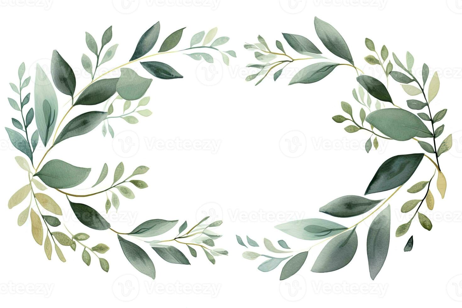 Light Teal and Gold Watercolor Wreath with Green Leaves on White Background. AI Generated photo