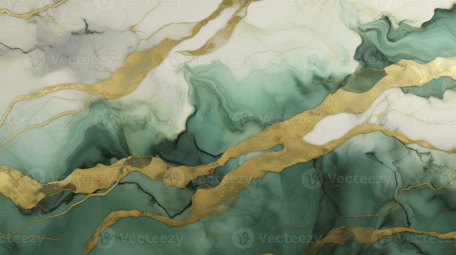 Green and Gold Painted Leaf Pattern with Naturalistic Landscape Flair and Flowing Lines. AI Generated photo