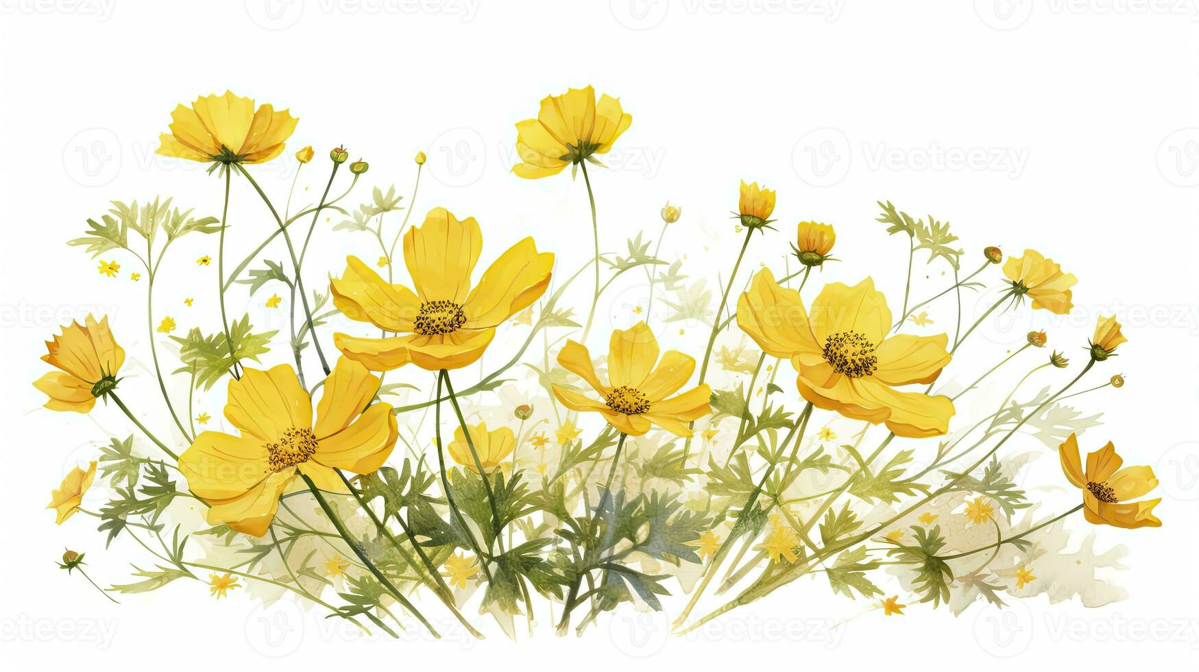 Yellow Cosmos Flowers Blended with Watercolor Paint on Paper. AI Generated photo