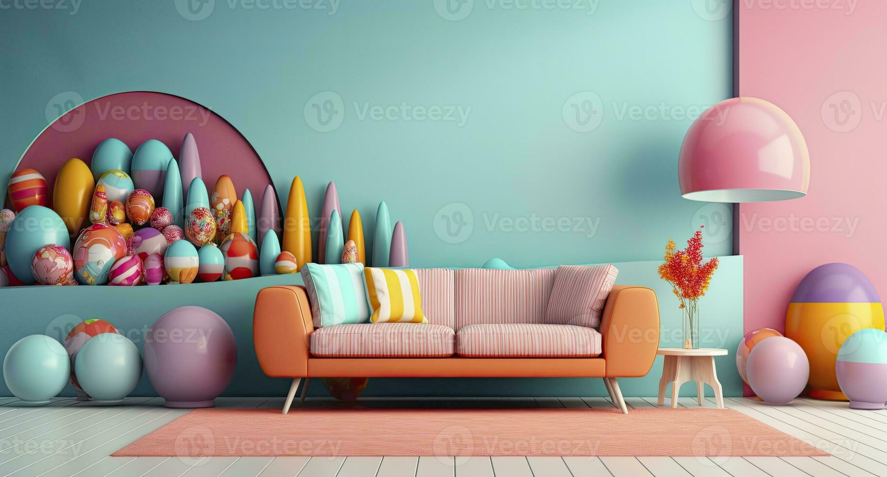 3D Rendered Easter Holiday Room with Pastel Wall Decoration Ideas. AI Generated photo