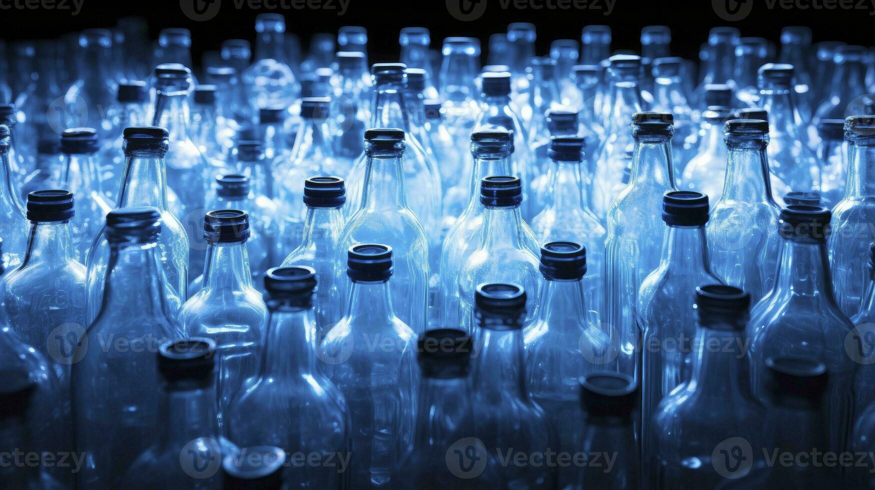 retroiluminado azul el plastico botellas arreglado horizontalmente. ai generado foto