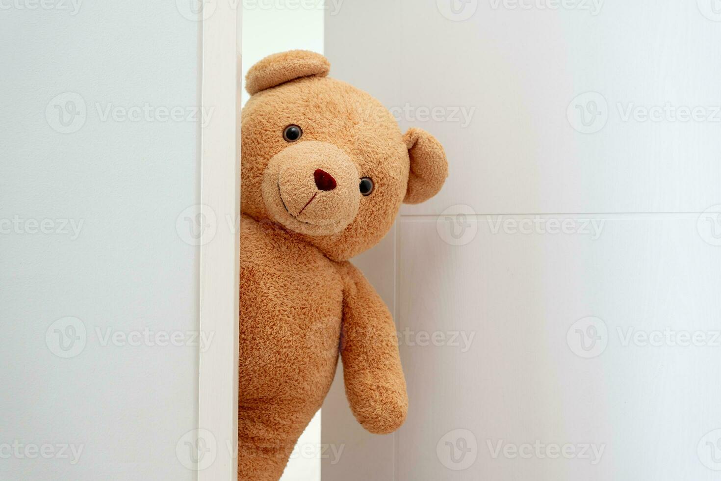 Cute brown Teddy bear toy sneak behind the door and surprise to congratulate the special day holiday festivals. game child, day care, welcome, kid day, shy childhood, party funny, stuffed doll photo