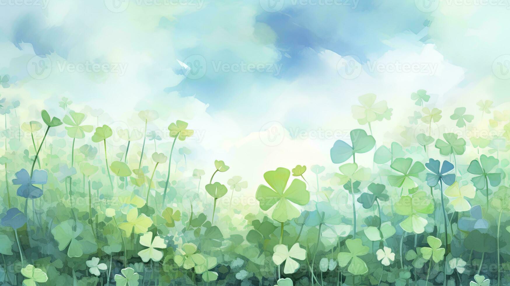 Soft Dreamy Watercolor Background with Green and White Shamrocks in Floral Impressionism Style. AI Generated photo