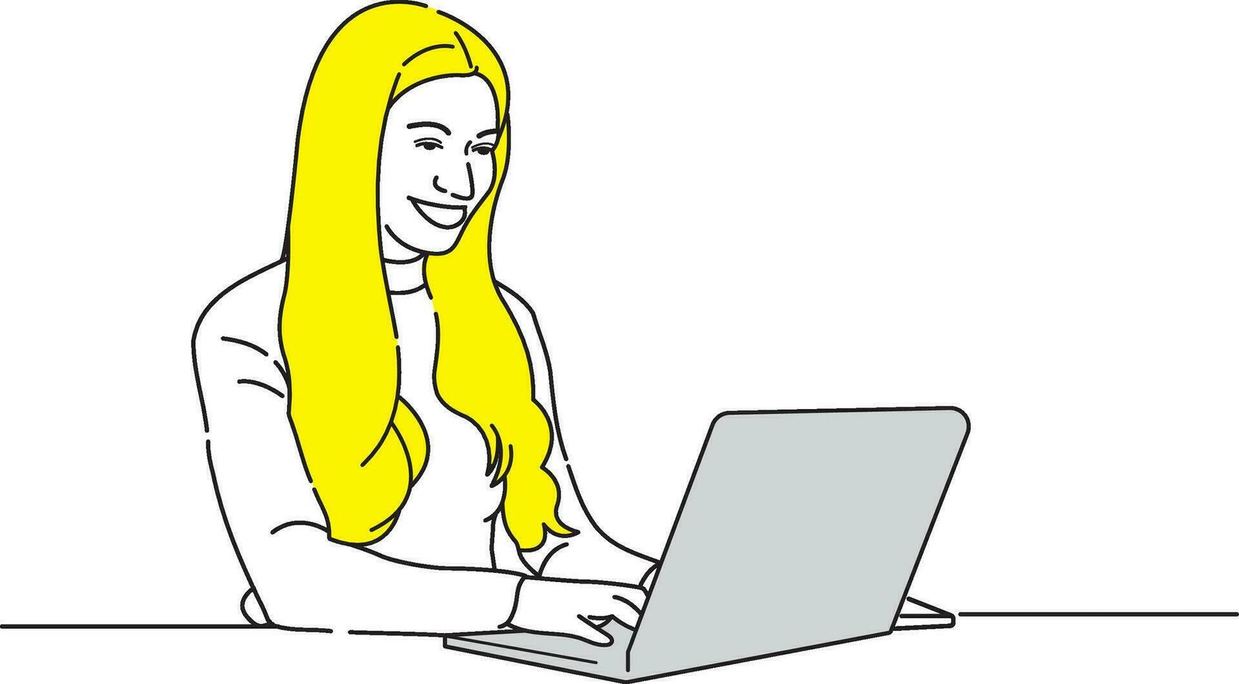 un hermosa niña es ocupado con oficina trabajo con ordenador portátil línea Arte diseño vector