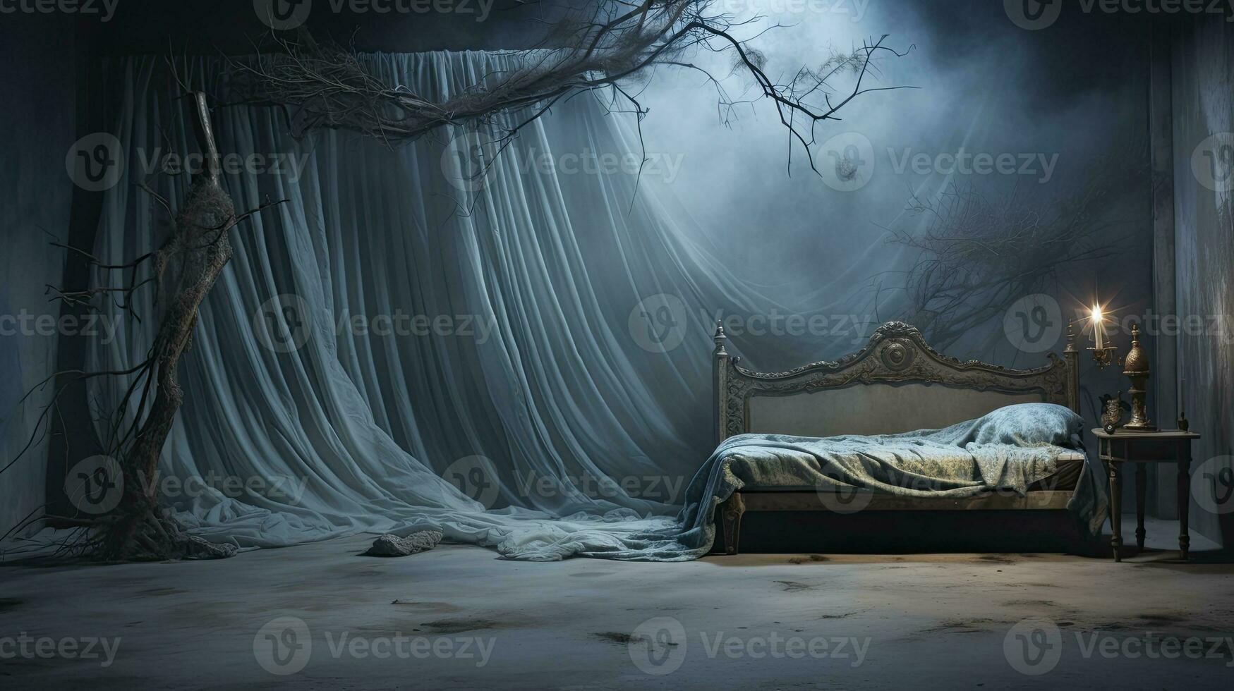 Surreal Horror Bedroom with Lamp and Drape in Dark Cyan. AI Generated photo