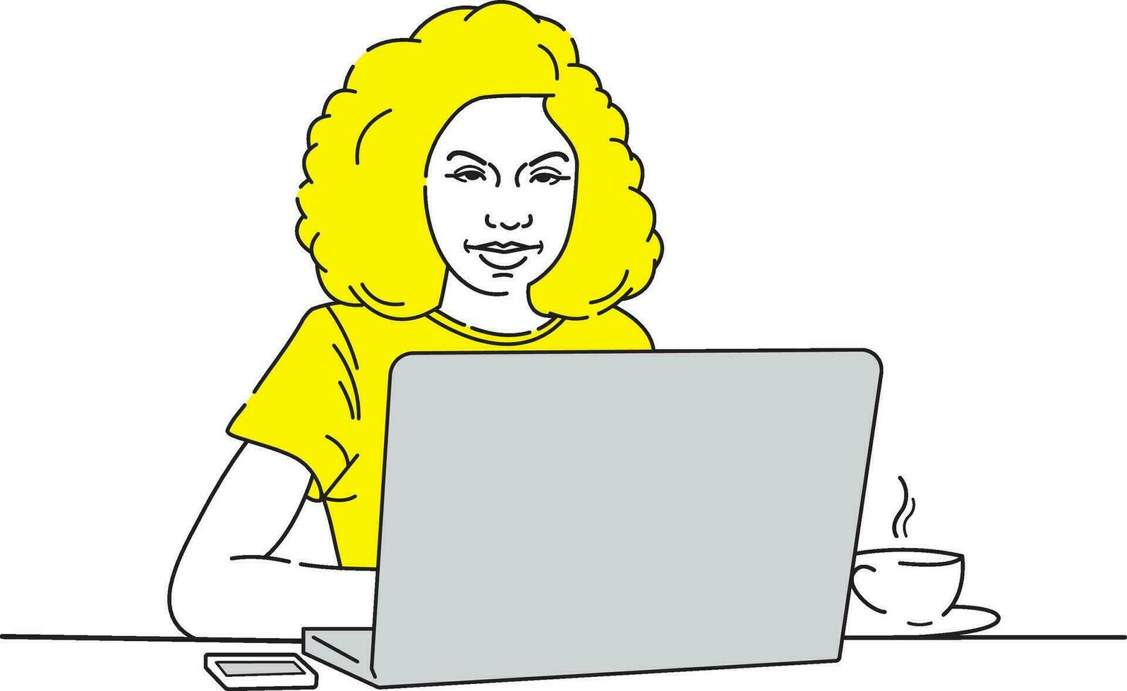 A Beautiful girl is busy with office work with laptop line art design vector