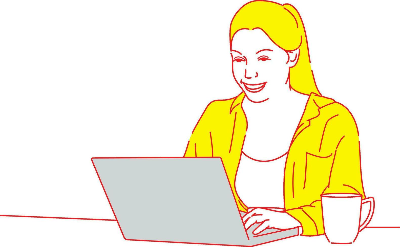 A Beautiful girl is busy with office work with laptop line art design vector