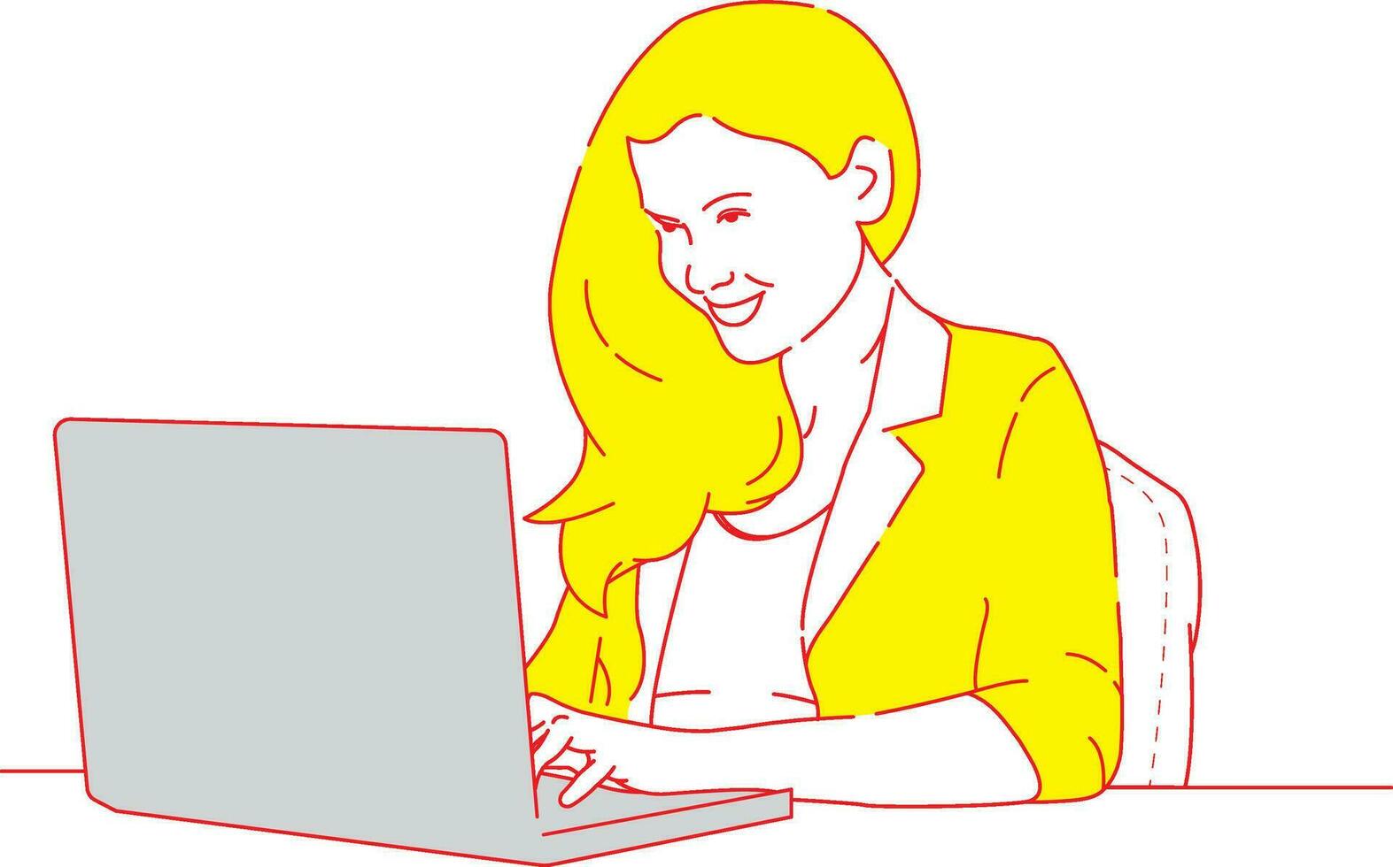 A Beautiful girl is busy with office work with laptop line art design vector