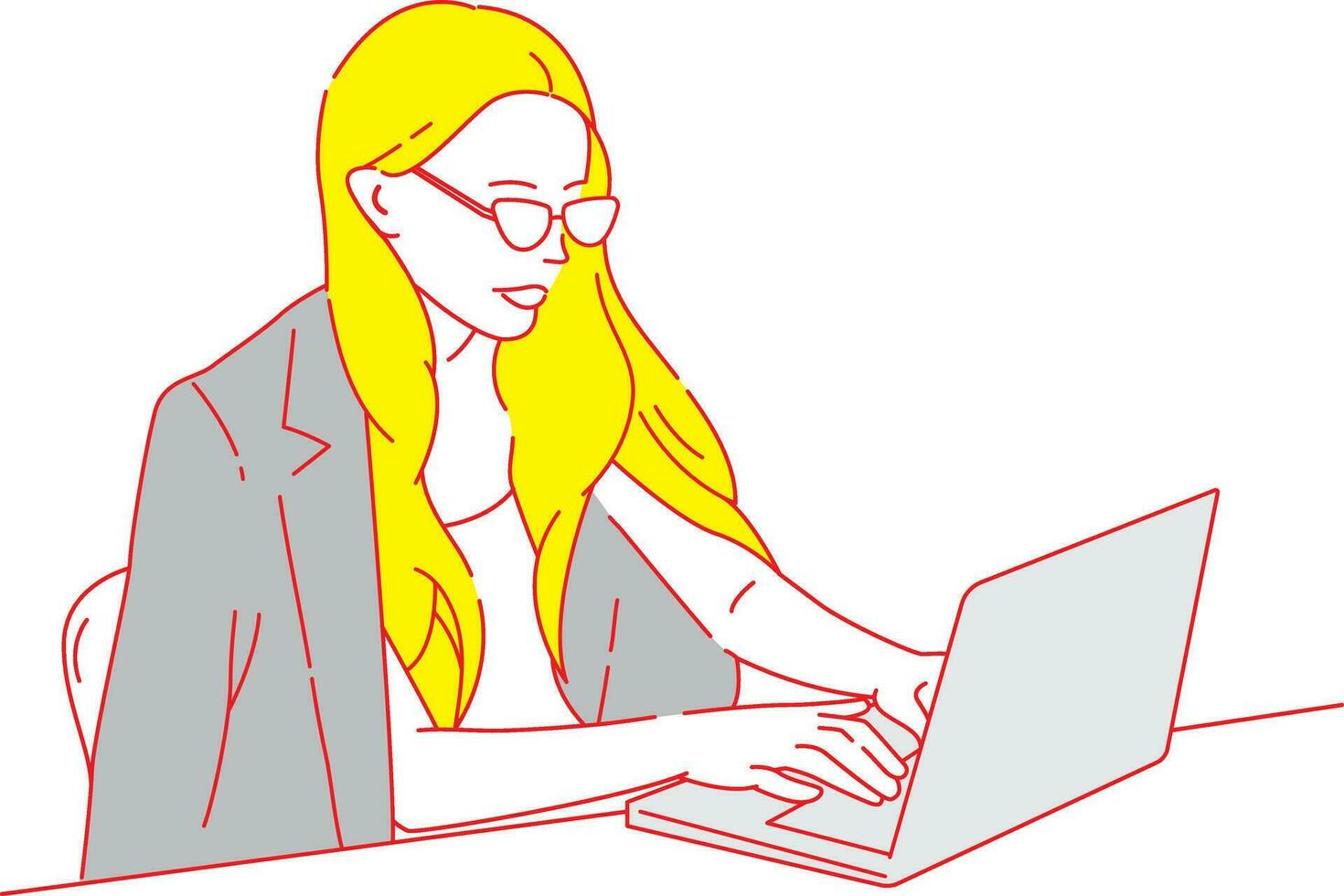 A Beautiful girl is busy with office work with laptop line art design vector