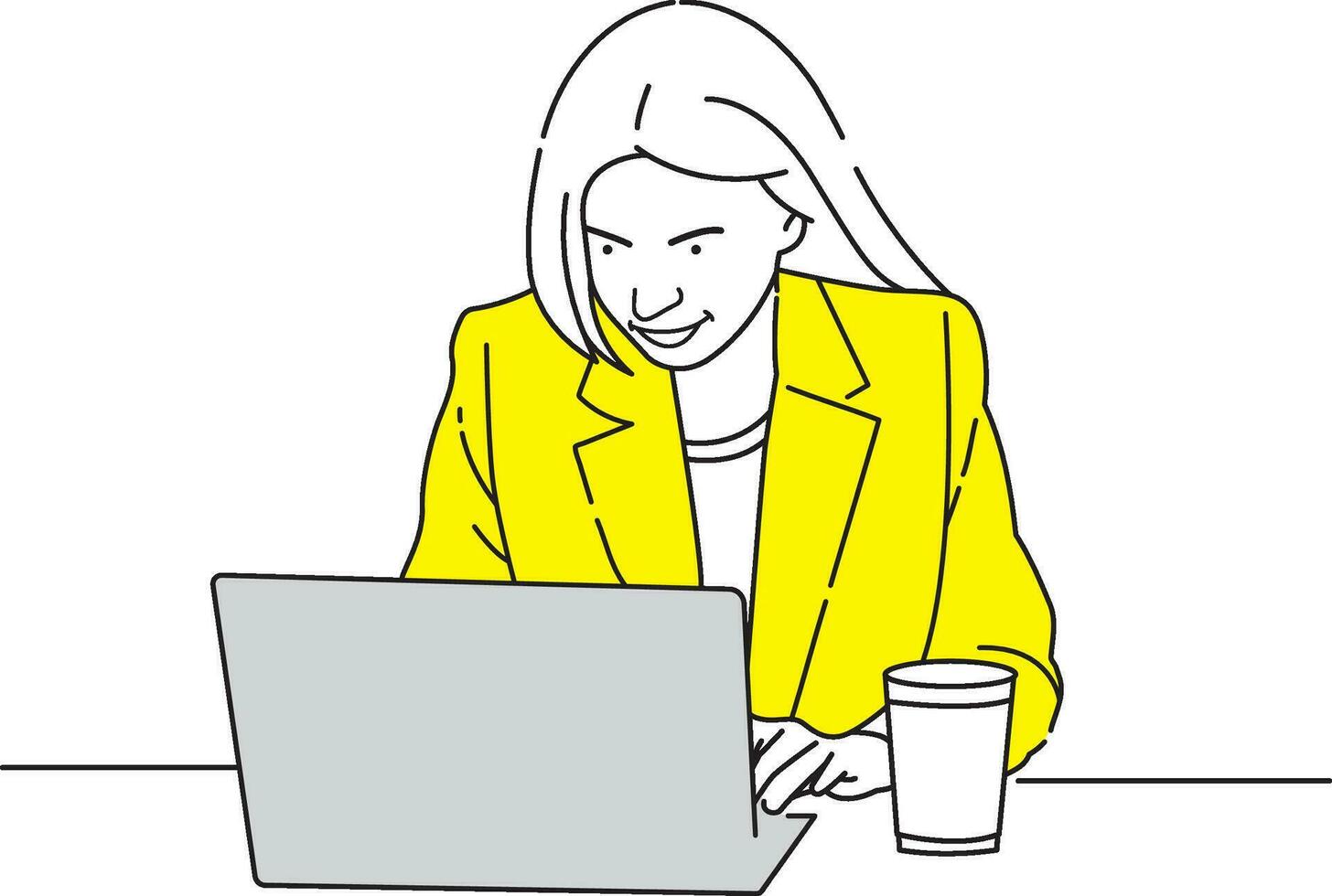 A Beautiful girl is busy with office work with laptop line art design vector