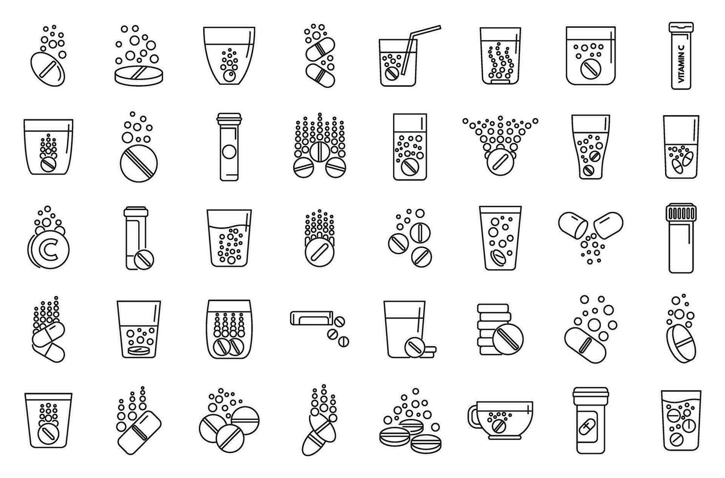 Effervescent tablets icons set outline vector. Water pill vector