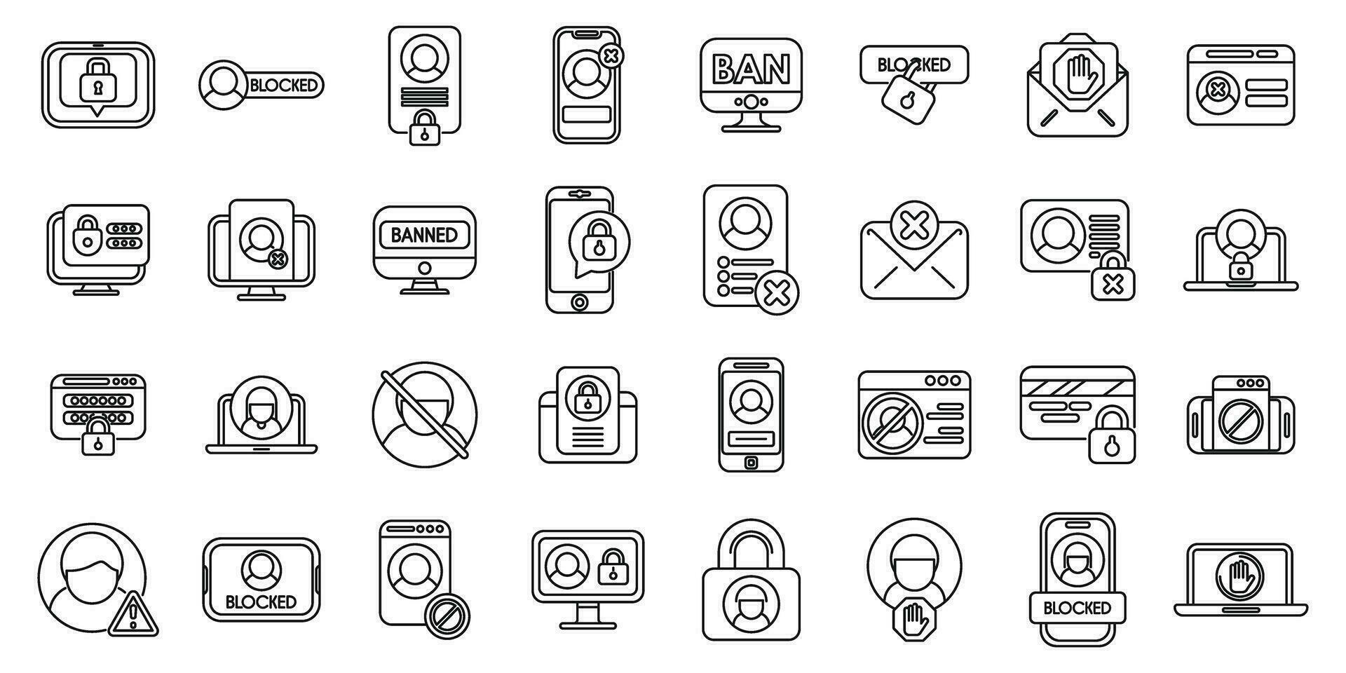 Account blocking icons set outline vector. Ban delete vector