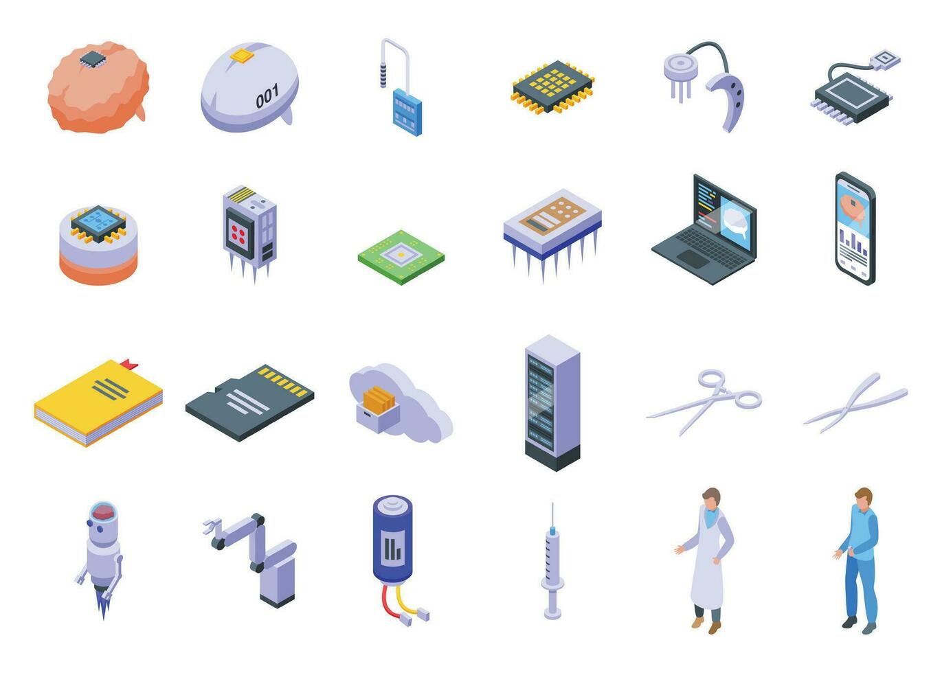 Brain implant icons set isometric vector. Stimulation device vector